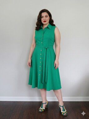 Retro Style Button Front Green Sleeveless Summer Dress